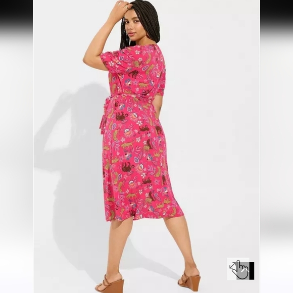 Torrid Midi Rayon Slub Button Front Tie Dress Size 2X Leopard Jungle Floral - Picture 3 of 15